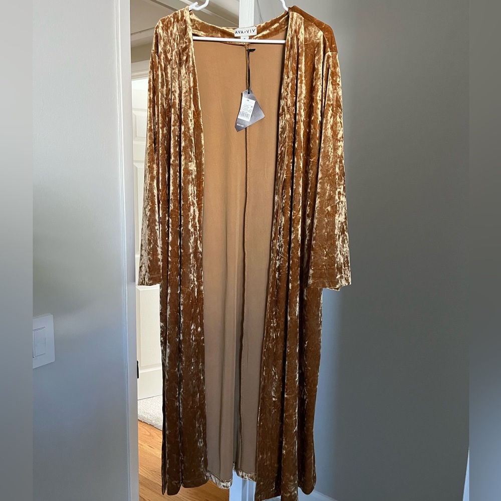 Ava & Viv Dark Golden Crushed Velvet Duster Cardigan Size 3X